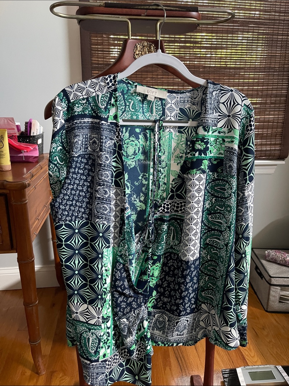 LOFT Green & Navy Patchwork  wrap around Tie-Front Blouse